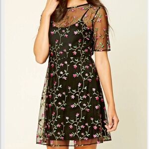 Forever 21‎ Contemporary Black Floral Embroidered Sheer Mesh Dress XL WhimsyGoth